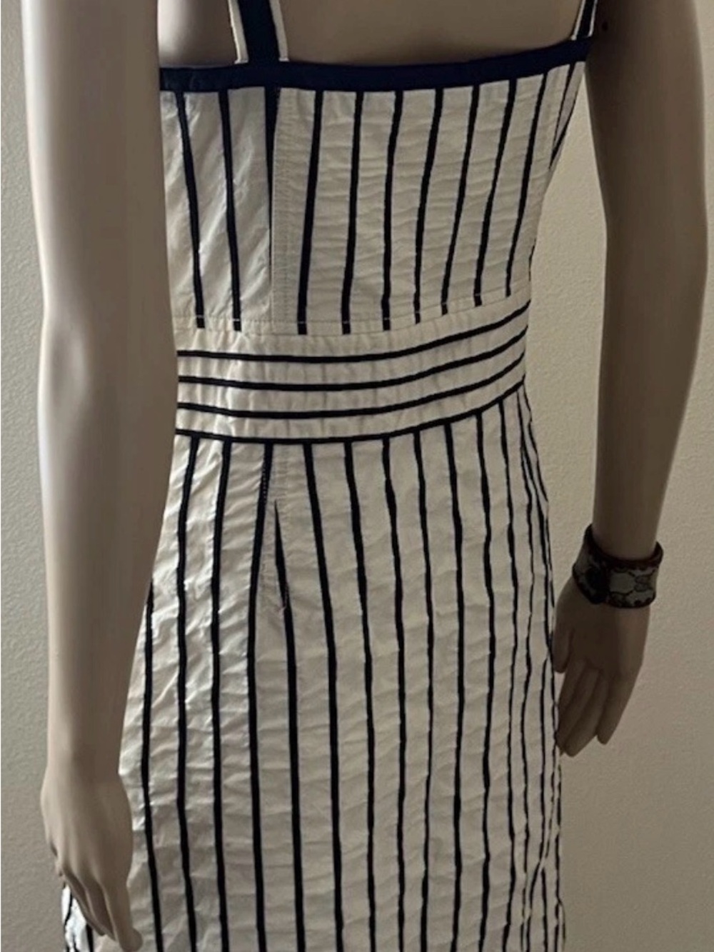 Tory Burch White Midi Dress with Navy Vertical Stripes